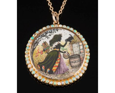 An early 19th century gold, opal and diamond circular pendant: with central glazed compartment containing a miniature of a yo