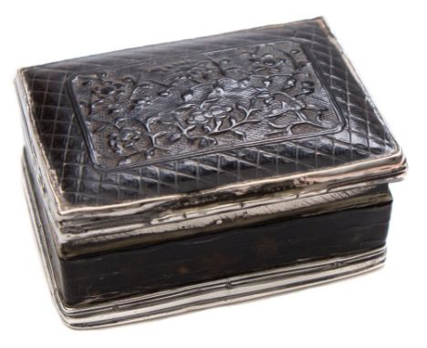 A late 18th/early 19th century white metal and tortoiseshell snuff box: the lid carved with a panel of flowering branches on 
