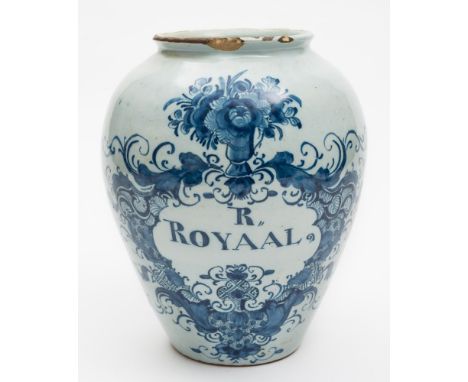 A Dutch blue and white delftware tobacco jar: of ovoid form, inscribed 'R/Royall' within a foliate scroll and dot cartouche s