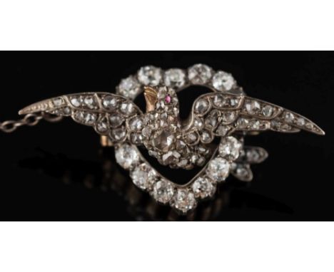 A 19th century diamond and rose diamond 'sweetheart' brooch: set with rose cut and round old brilliant-cut diamonds and caboc