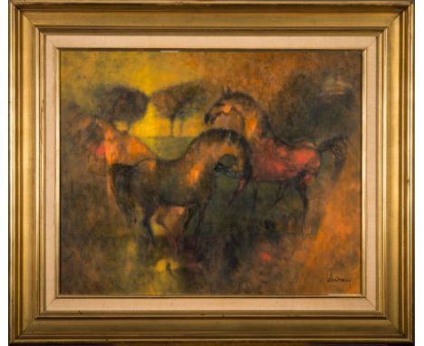 * Dang Lebadang [1921-2015 French]- Les Deux Chevaux:- signed bottom right, inscribed with title on reverse oil on canvas 63 