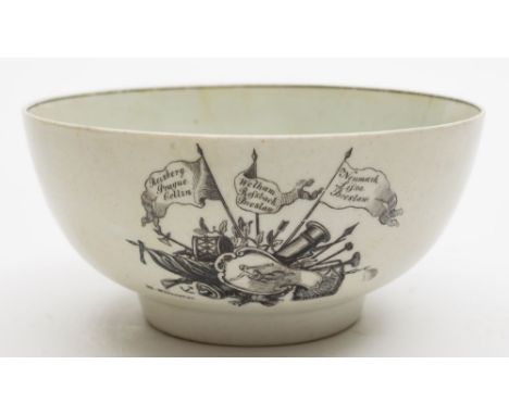 A First Period Worcester 'King of Prussia' bowl: printed in black with a portrait of the 'King of Prussia' dated 1757, milita