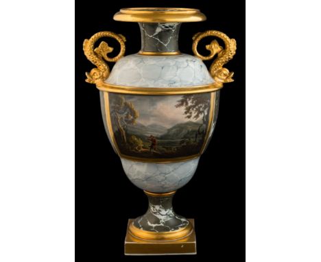 A Barr Flight & Barr [Worcester] two-handled vase: of ogee form with flared rim and dolphin handles, painted with a traveller