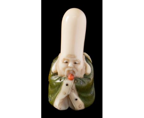 A Japanese carved, inlaid and stained ivory netsuke, signed Hosei: of Fukurokuju, wearing green stained robe and inlaid with 
