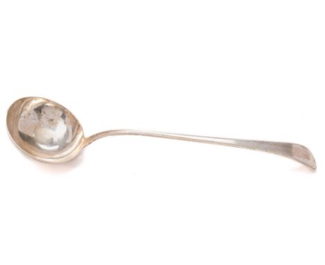 A George III provincial silver Old English pattern soup ladle, maker Thomas Eustace, Exeter, 1784: initialled, with feathered