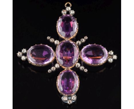 A late 19th century gold, silver, amethyst and paste-set 'cross' pendant/brooch: with five oval amethysts in cut-down collet 