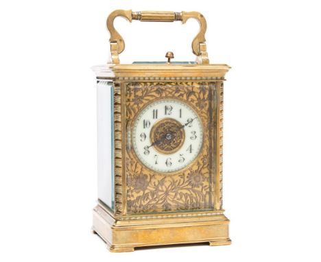 A Victorian French carriage clock: the eight-day duration movement having a platform lever escapement and striking the hours 