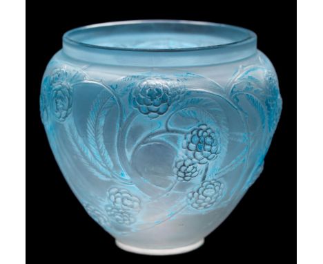 A Lalique vase: 'Nefliers': of oviform, the frosted and powder blue patinated body moulded on the exterior with blooms and fe