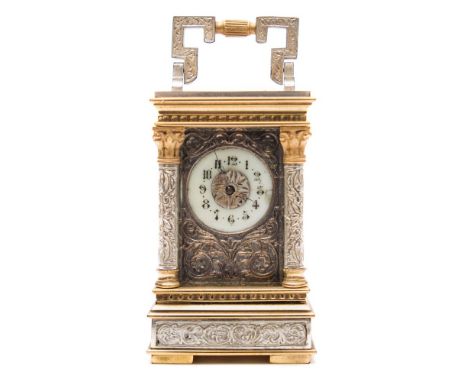A French engraved miniature carriage clock: the eight-day duration timepiece movement having a platform lever escapement and 