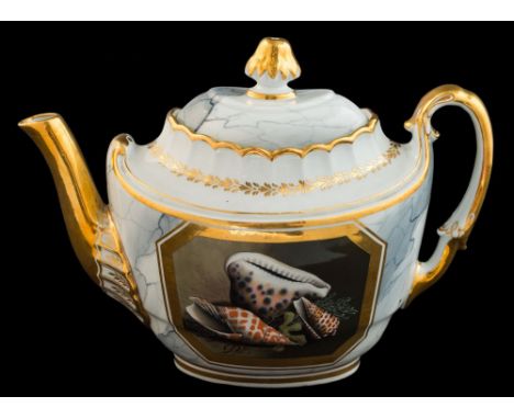 A Barr Flight & Barr [Worcester] oval teapot and cover: with fluted rim and double scroll handle, the cover with bud finial, 