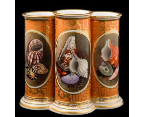 A Barr [Worcester] triple spill vase: the three conjoined cylindrical vases finely painted with oval panels of seashells and 