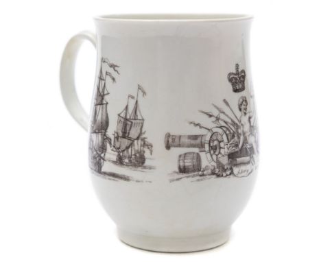 A First Period Worcester bell-shaped mug: printed in black with vignettes comprising a portrait of George II, Trophies of War