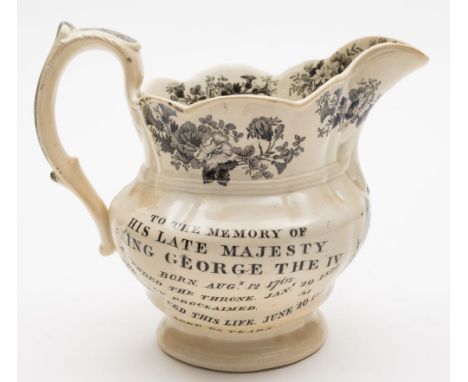An early 19th century Goodwin, Bridgwood & Harris pottery jug: commemorating the death of George IV, transfer printed in blac