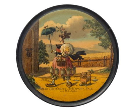 Attributed to Georg Siegmund Stobwasser, a papier mache box and cover: of circular form the cover printed in colours with an 