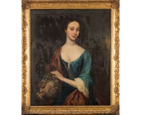 Circle of Joseph Highmore [1692-1780]-A portrait of a young lady, half-length standing:-wearing a blue dress with red shawl a