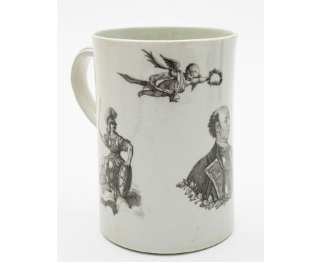 A First Period Worcester 'Marquis of Granby' mug: of slightly waisted cylindrical form, printed in black with a portrait of G