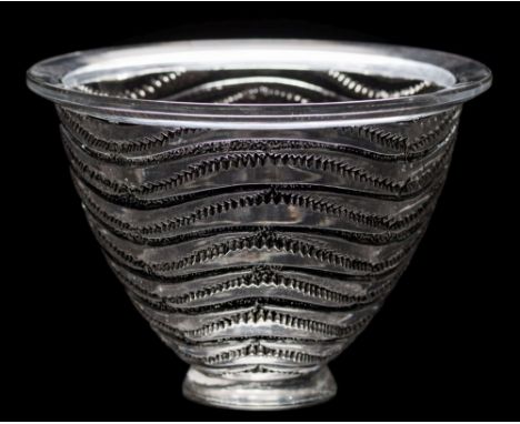 A Lalique vase 'Annecy': the clear and black patinated body intaglio decorated on the exterior with a notched wave pattern, b