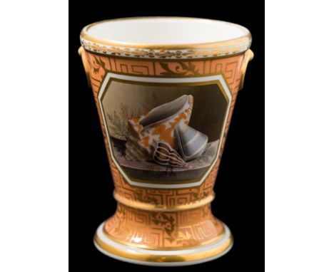 A Flight & Barr [Worcester] orange ground jardiniere: of trumpet form with gilt false ring handles, painted with a panel of s