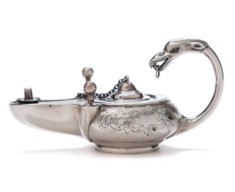 A Victorian silver oil lamp, maker John Figg, London, 1845: of neo-classical design, with circular lift-off lid and engraved 