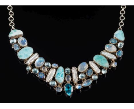 A modern silver and multi gem-set, chain-link collar necklace: set with oval moonstones, irregular larimar, oval opal doublet