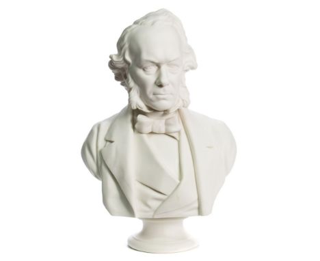 An Adams & Co. parian portrait bust of Richard Cobden: sculpted by Wyon, head and shoulders and on circular socle, impressed 