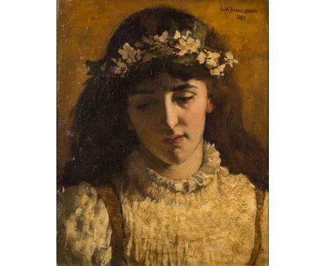 Attributed to William A Breakspeare [1855-1914]-Portrait of a young girl, head and shoulders:-with long dark hair, wearing a 