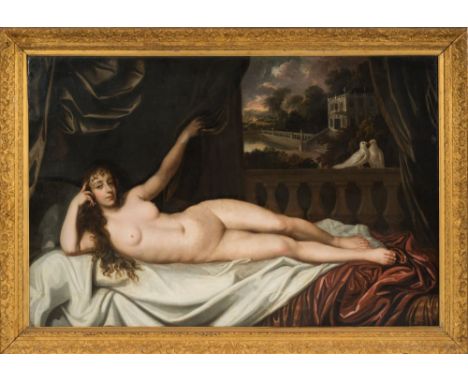 Studio of Sir Peter Lely [1618-1680]-A recumbent nude on a balustraded  balcony, her left hand raised, a pair of doves nearby