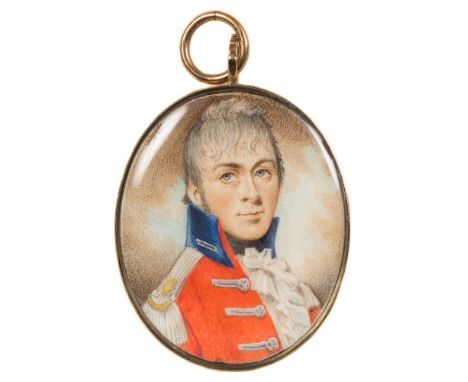 English School circa 1800-A miniature portrait of a young officer:-head and shoulders with short grey wavy hair and wearing a