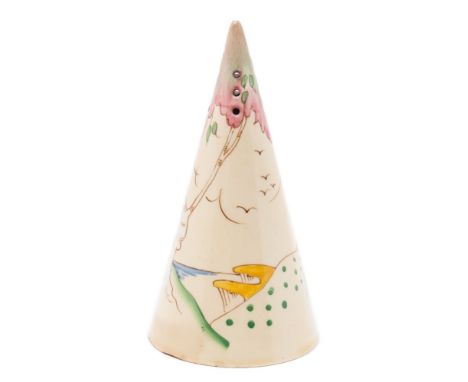 A Clarice Cliff pottery conical castor: decorated in the Pink Taormina pattern, printed Clarice Cliff Wilkinson & Co., circa 