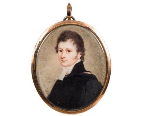 English School early 19th Century-A double-sided bust-length miniature portrait of a young lady and young man:, she with dark