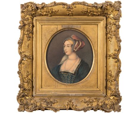 English School [19th Century]-Portrait of Anne Boleyn, bust-length, wearing pearl headdress, Tudor costume and pearl necklace