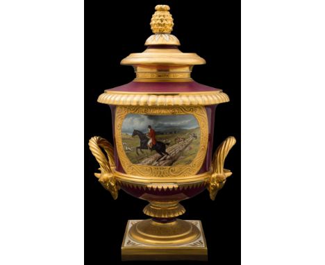 A large Flight Barr & Barr [Worcester] two-handled vase and cover: the centre vase from a 'Hunting' subject garniture, of cam