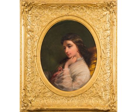 Circle of James Sant, 19th Century -  Portrait of a pensive young lady:-oil on boardoval, 31 x 24.5cm.
