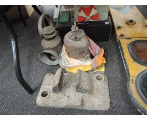 Two LMS and similar railway lamps along with a cast iron railway track bracket