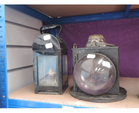 A NBR signal post lamp having brass plaque, 'The Lamp Manufacturing Co Ltd' along with a guards oil lamp, Sherwoods Ltd