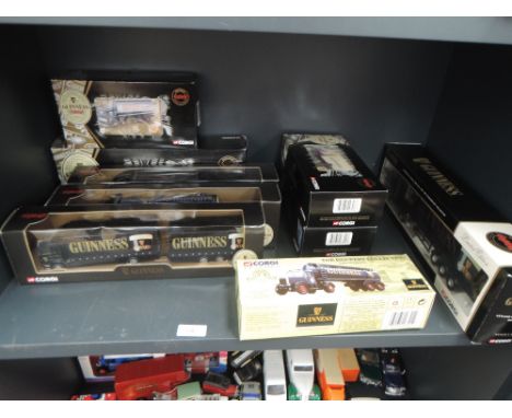 A shelf of Corgi (China) diecast Limited Edition and similar Guinness adverting wagons and trucks, including 75407, all boxed