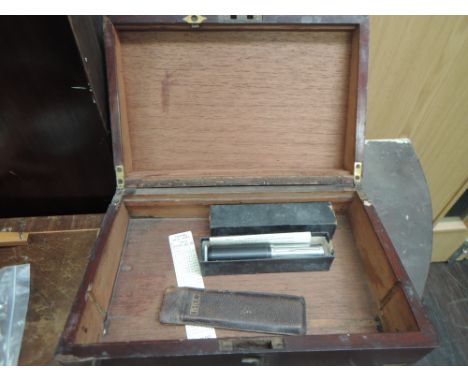 An Otis Kings model K calculator R1844 with box, B.R.L. P140 slide ruler, tap and drill scale, all in a wooden stationary box