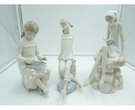 Three Lladro, Nao and similar figurines, Girl sitting on Pouffe, Girl Playing Hangman and Girl Reading