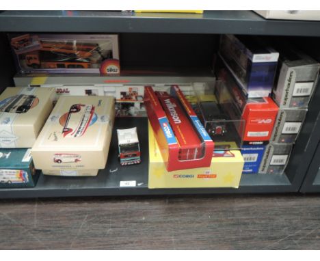 A shelf of Corgi, Siku &amp; Joal diecasts including Superhaulers, Classics, Royal Mail etc, all boxed