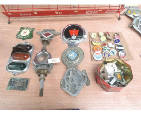 A selection of motor car hood and engine badges including RAC Junior car club and enamel pin badge selection 