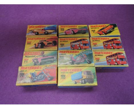 Eleven Matchbox Superfast diecasts, New 75 series, Monteverdi Hai no3, The Londoner no17 x3, Maserati Bora no32, Stingeroo no