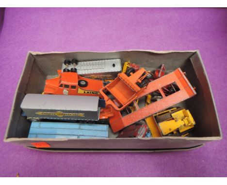 A small selection of Matchbox and Corgi playworn diecasts including Scammell Tractor, Motor scrapper, Massey Ferguson combine