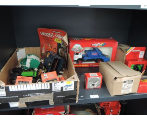 A shelf of Britains and similar including Ford Skip Lorry, boxed 9603, Deutz DX10 tractor, Horse Trailer many animals and acc