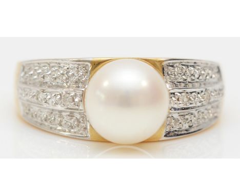 A 14ct gold and 8mm cultured pearl dress ring, the shoulders set with two diamonds, N, 3.5gm 