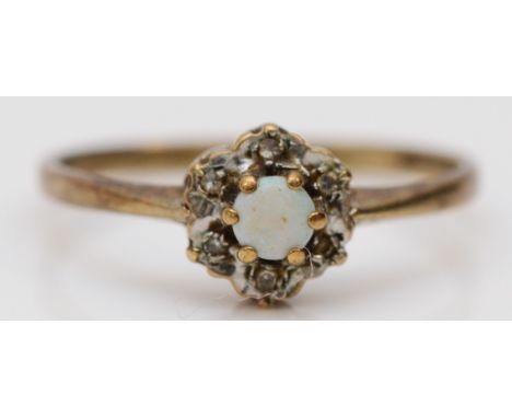 A 9ct gold opal and diamond cluster ring, M, 1.2gm 