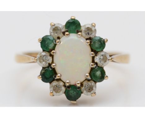 A 9ct gold, opal, emerald and white stone cluster ring, M, 2.2gm 