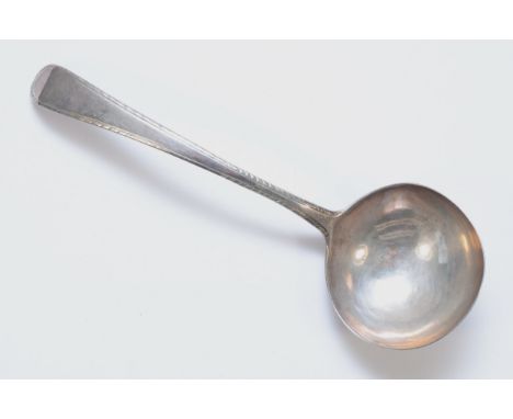 A George III silver bottom marked feather edge ladle, lion passant only, 17.5cm, 42gm 