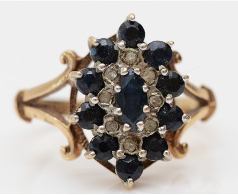 A 9ct gold sapphire and diamond cluster ring, M 1/2, 3gm 