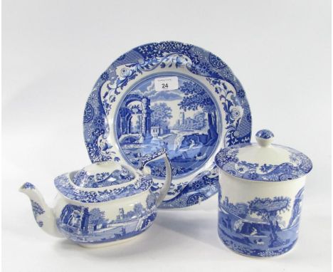 A Spode pottery part dinner and tea service, transfer decorated in blue and white in the Italian pattern, comprising six dinn