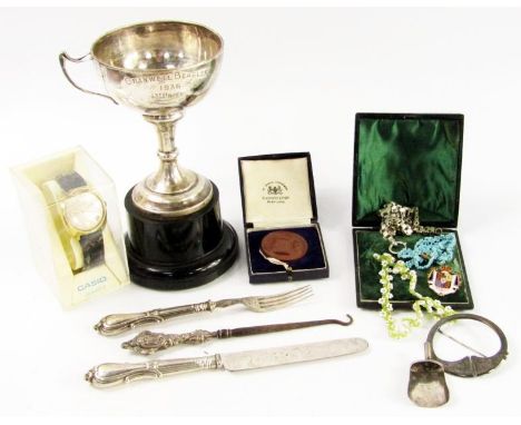 A George V silver trophy engraved 'Cranwell Beagles 1936 1st Prize', Birmingham, 1933, AF, 3.5oz, knife and fork with silver 